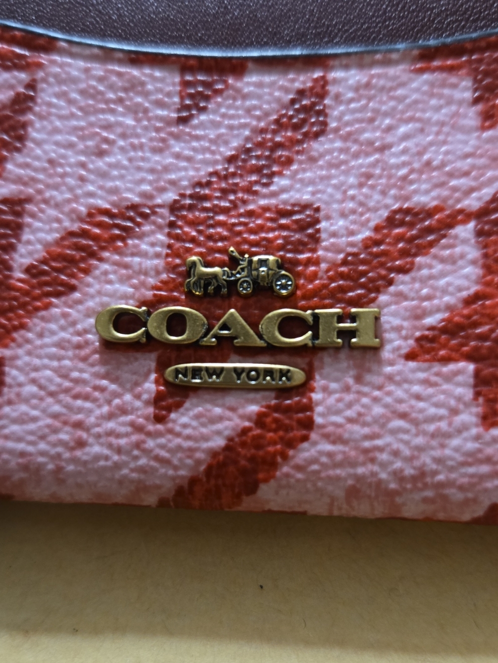 Coach Pink & Red Houndstooth Card Holder with Gold Logo - Picture 4 of 4